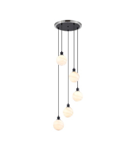 Placid 48cm Round Pendant 5x E14 15cm Round White & Grey Marble Effect Glass Shade Satin Nickel & Satin Black Framework-1