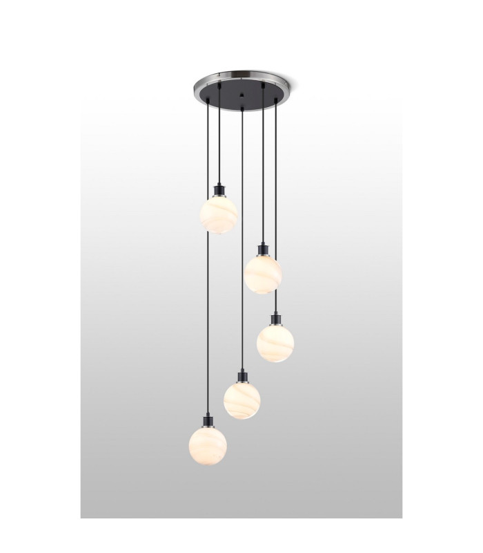 Placid 48cm Round Pendant 5x E14 15cm Round White & Grey Marble Effect Glass Shade Satin Nickel & Satin Black Framework-3