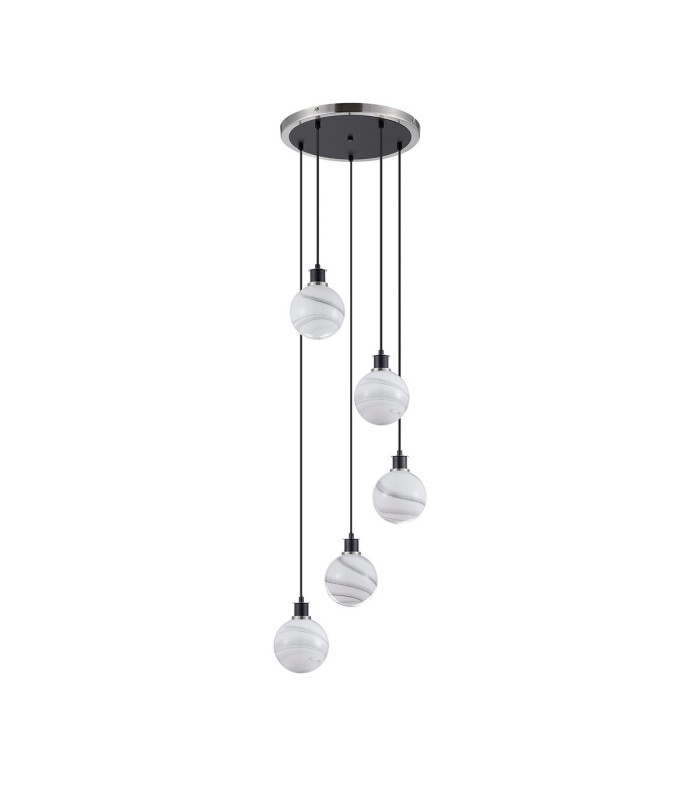 Placid 48cm Round Pendant 5x E14 15cm Round White & Grey Marble Effect Glass Shade Satin Nickel & Satin Black Framework-4