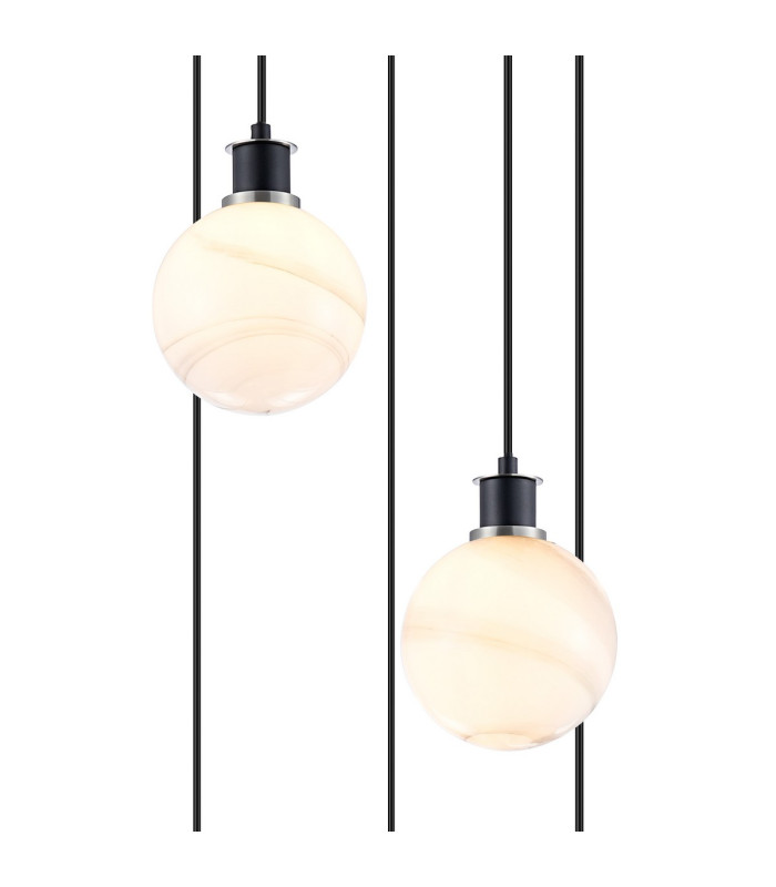 Placid 48cm Round Pendant 5x E14 15cm Round White & Grey Marble Effect Glass Shade Satin Nickel & Satin Black Framework-6