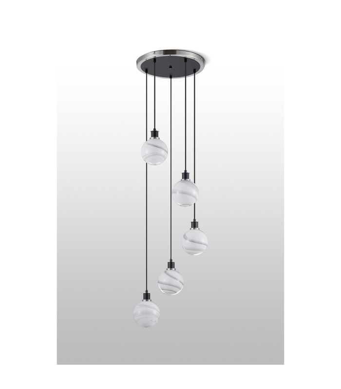 Placid 48cm Round Pendant 5x E14 15cm Round White & Grey Marble Effect Glass Shade Satin Nickel & Satin Black Framework-8