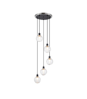 Placid 48cm Round Pendant 5 Light E14 15cm Round Textured Melting Glass Shade Satin Nickel Clear & Satin Black-1