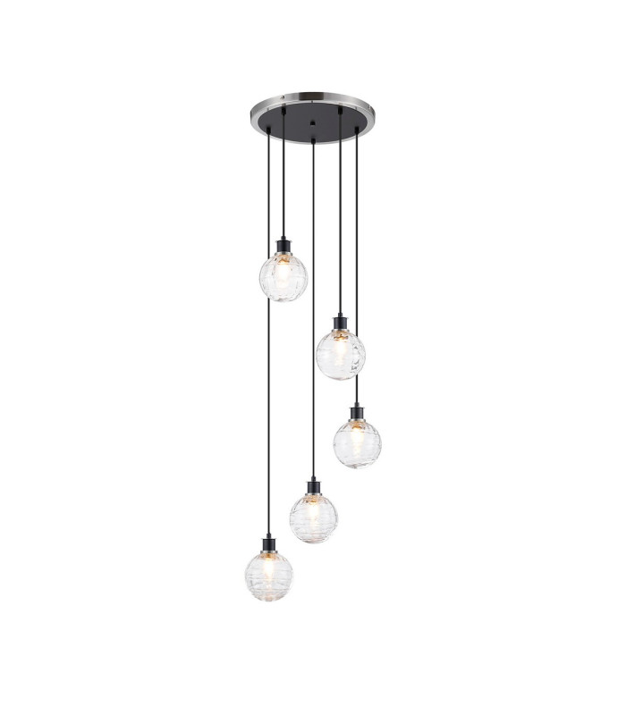 Placid 48cm Round Pendant 5 Light E14 15cm Round Textured Melting Glass Shade Satin Nickel Clear & Satin Black-1