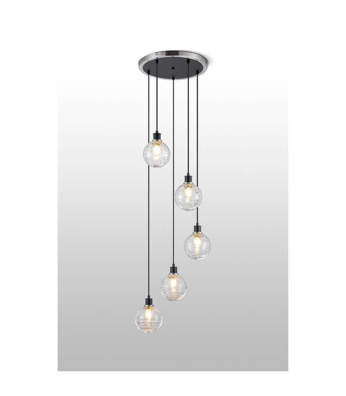 Placid 48cm Round Pendant 5 Light E14 15cm Round Textured Melting Glass Shade Satin Nickel Clear & Satin Black-3