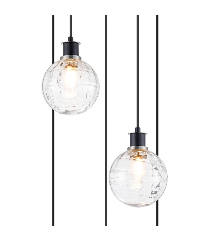 Placid 48cm Round Pendant 5 Light E14 15cm Round Textured Melting Glass Shade Satin Nickel Clear & Satin Black-6