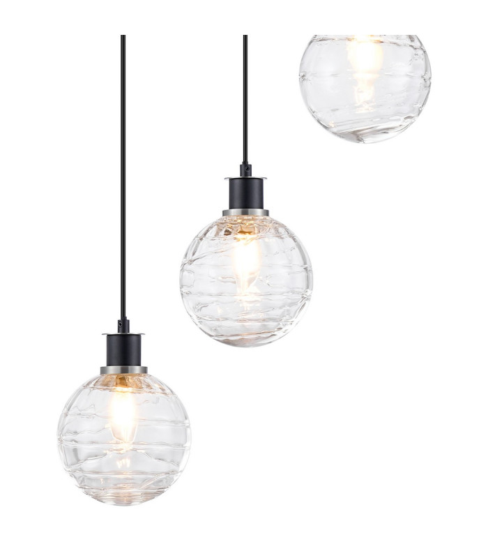 Placid 48cm Round Pendant 5 Light E14 15cm Round Textured Melting Glass Shade Satin Nickel Clear & Satin Black-7