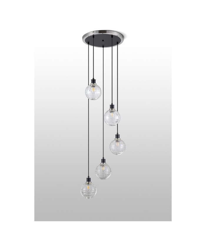 Placid 48cm Round Pendant 5 Light E14 15cm Round Textured Melting Glass Shade Satin Nickel Clear & Satin Black-8