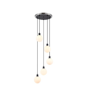 Placid 48cm Round Pendant 5 Light E14 15cm Round Glass Shade Satin Nickel Opal & Satin Black-1