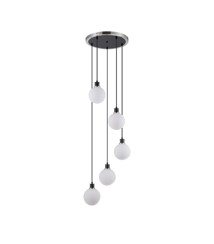 Placid 48cm Round Pendant 5 Light E14 15cm Round Glass Shade Satin Nickel Opal & Satin Black-4