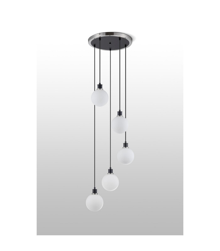 Placid 48cm Round Pendant 5 Light E14 15cm Round Glass Shade Satin Nickel Opal & Satin Black-8