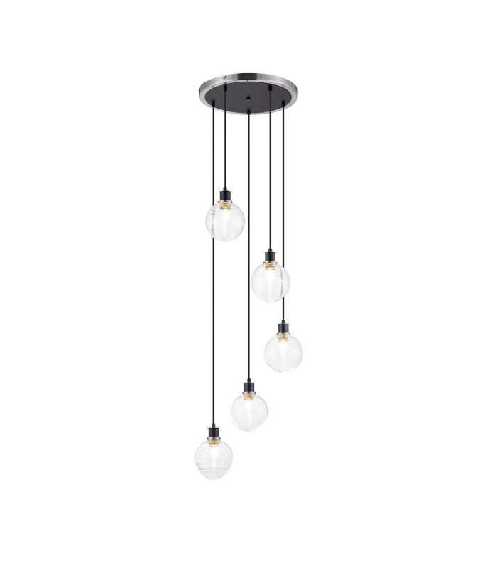 Placid 48cm Round Pendant 5 Light E14 15cm Round Ribbed Glass Shade Satin Nickel Clear & Satin Black-1