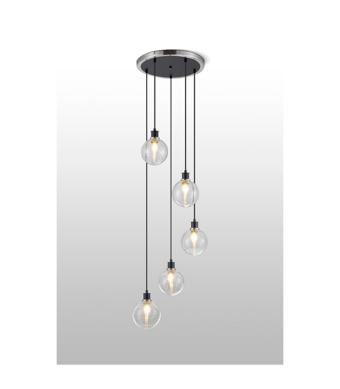 Placid 48cm Round Pendant 5 Light E14 15cm Round Ribbed Glass Shade Satin Nickel Clear & Satin Black-3