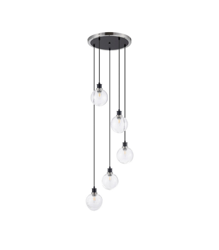 Placid 48cm Round Pendant 5 Light E14 15cm Round Ribbed Glass Shade Satin Nickel Clear & Satin Black-4