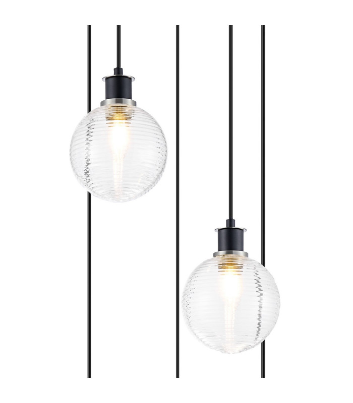 Placid 48cm Round Pendant 5 Light E14 15cm Round Ribbed Glass Shade Satin Nickel Clear & Satin Black-6