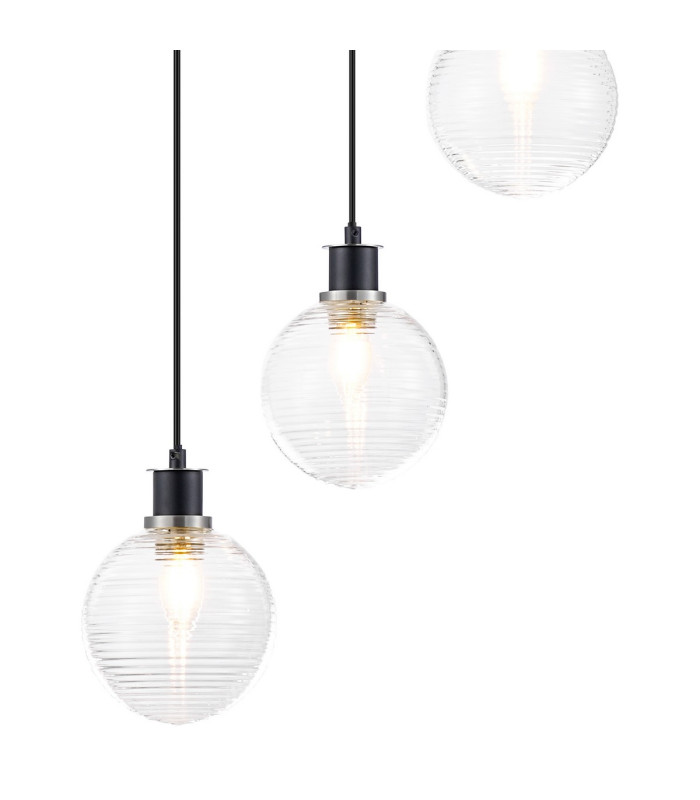 Placid 48cm Round Pendant 5 Light E14 15cm Round Ribbed Glass Shade Satin Nickel Clear & Satin Black-7