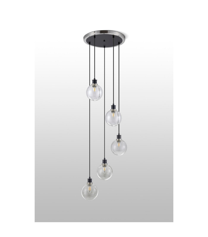 Placid 48cm Round Pendant 5 Light E14 15cm Round Ribbed Glass Shade Satin Nickel Clear & Satin Black-8
