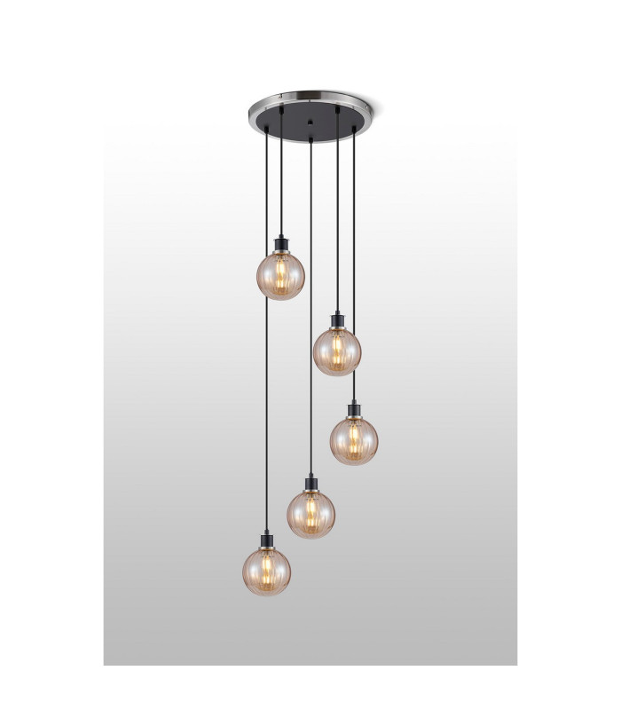 Placid 48cm Round Pendant 5 Light E14 15cm Round Segment Glass Shade Satin Nickel Amber Plated & Satin Black-3