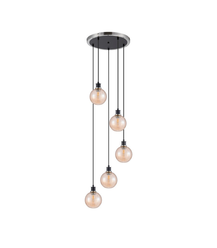 Placid 48cm Round Pendant 5 Light E14 15cm Round Segment Glass Shade Satin Nickel Amber Plated & Satin Black-4