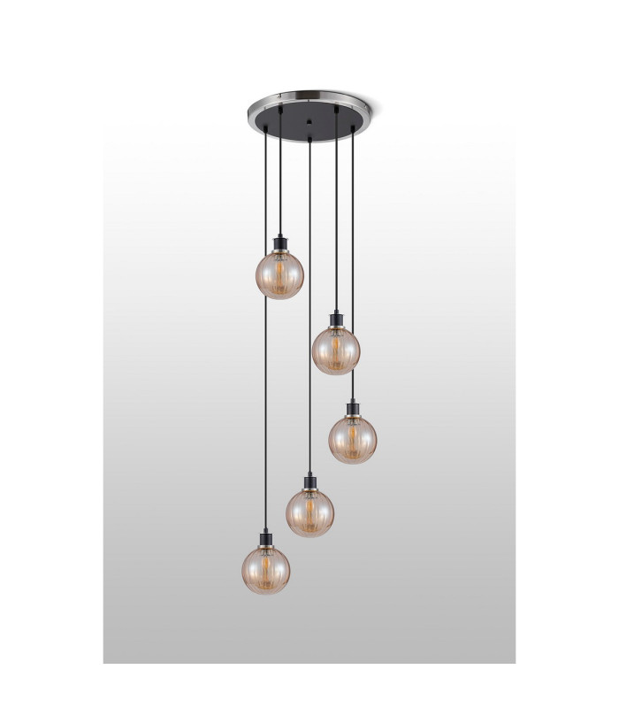 Placid 48cm Round Pendant 5 Light E14 15cm Round Segment Glass Shade Satin Nickel Amber Plated & Satin Black-8