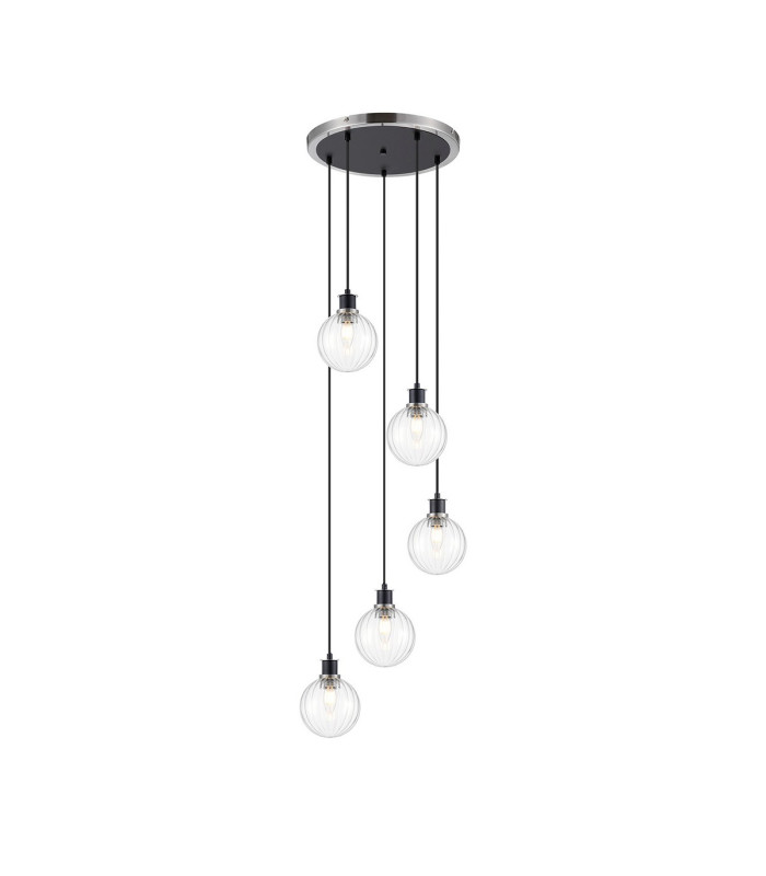 Placid 48cm Round Pendant 5 Light E14 15cm Round Segment Glass Shade Satin Nickel Clear & Satin Black-1