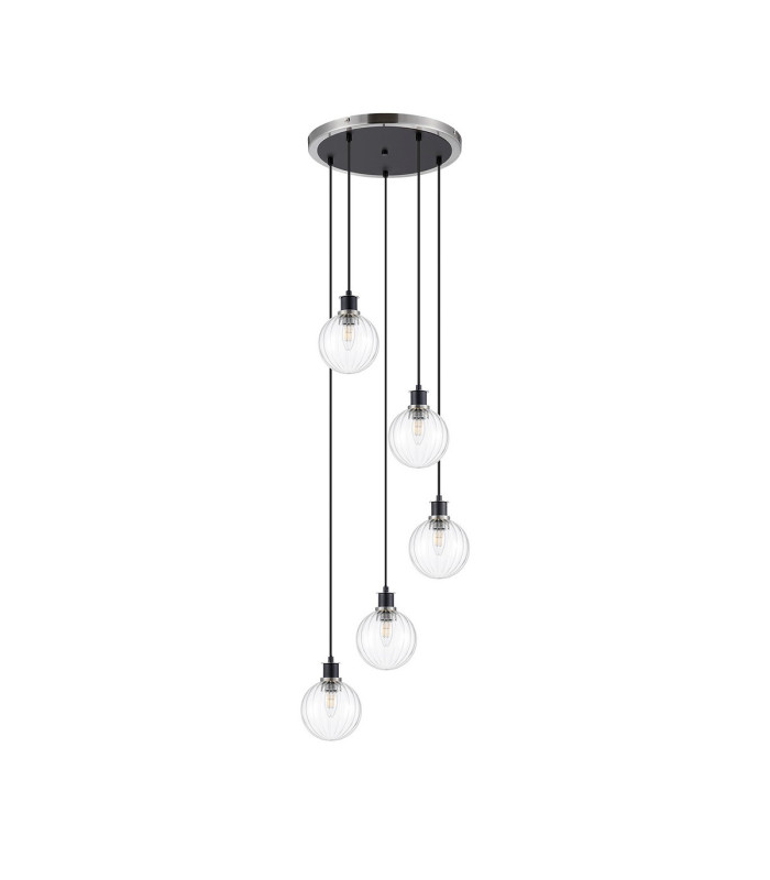 Placid 48cm Round Pendant 5 Light E14 15cm Round Segment Glass Shade Satin Nickel Clear & Satin Black-3