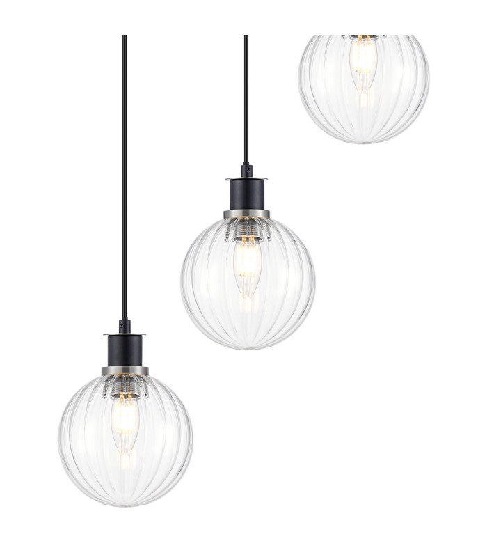 Placid 48cm Round Pendant 5 Light E14 15cm Round Segment Glass Shade Satin Nickel Clear & Satin Black-6