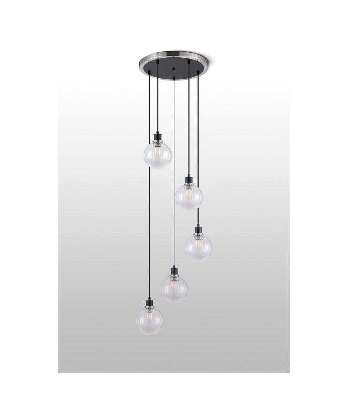 Placid 48cm Round Pendant 5 Light E14 15cm Round Segment Glass Shade Satin Nickel Clear & Satin Black-7