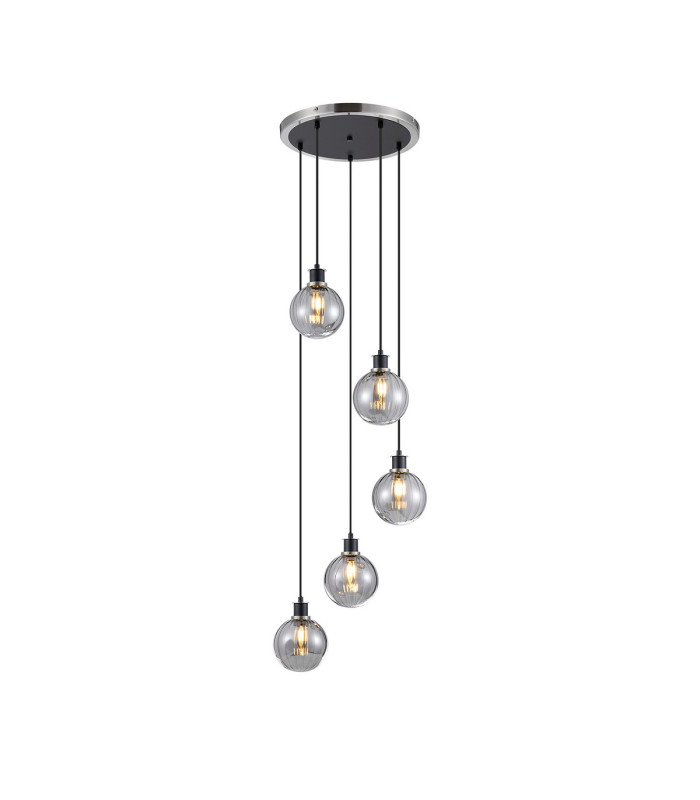 Placid 48cm Round Pendant 5 Light E14 15cm Round Segment Glass Shade Satin Nickel Smoke Plated & Satin Black-1