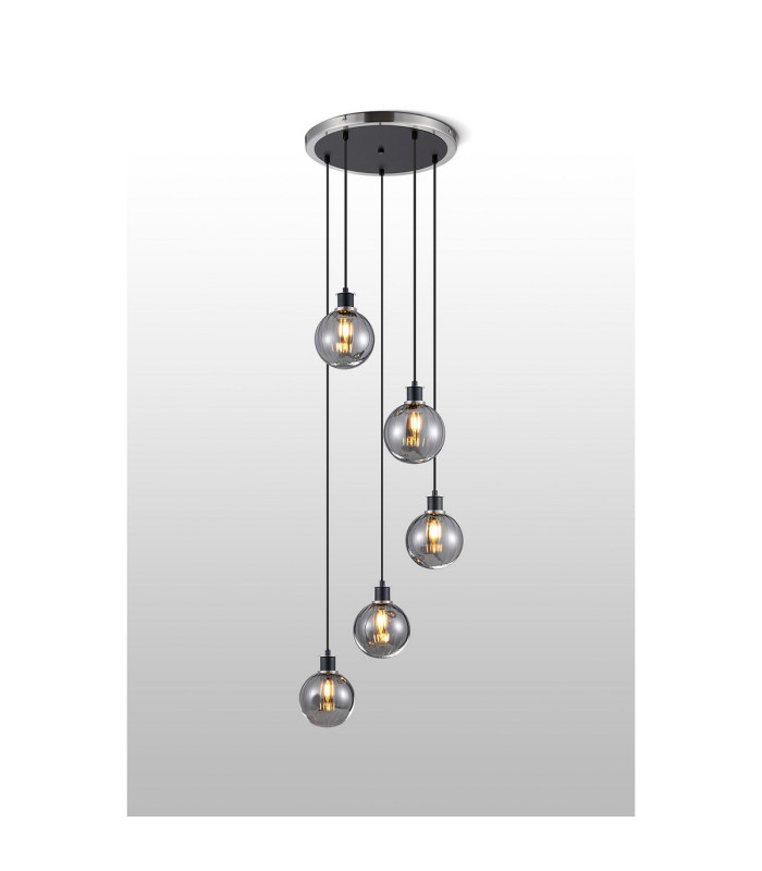 Placid 48cm Round Pendant 5 Light E14 15cm Round Segment Glass Shade Satin Nickel Smoke Plated & Satin Black-3