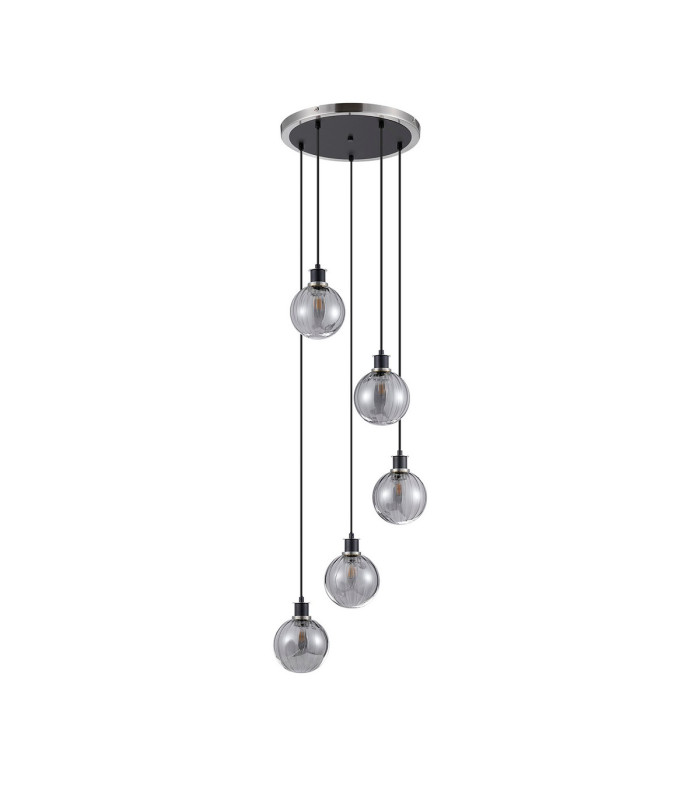 Placid 48cm Round Pendant 5 Light E14 15cm Round Segment Glass Shade Satin Nickel Smoke Plated & Satin Black-4