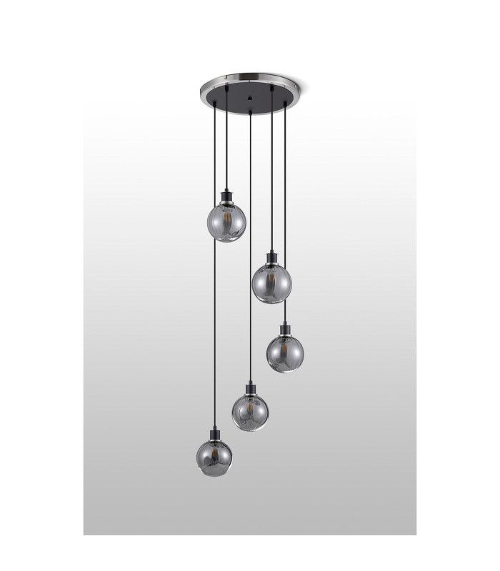 Placid 48cm Round Pendant 5 Light E14 15cm Round Segment Glass Shade Satin Nickel Smoke Plated & Satin Black-8