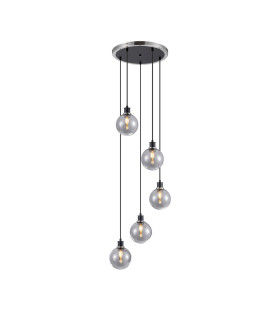 Placid 48cm Round Pendant 5 Light E14 15cm Round Glass Shade Satin Nickel Smoke Plated & Satin Black-1