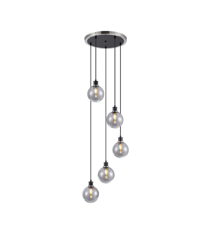 Placid 48cm Round Pendant 5 Light E14 15cm Round Glass Shade Satin Nickel Smoke Plated & Satin Black-1