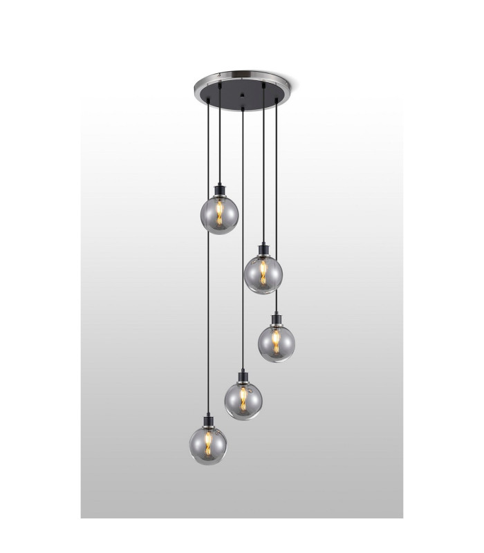 Placid 48cm Round Pendant 5 Light E14 15cm Round Glass Shade Satin Nickel Smoke Plated & Satin Black-3
