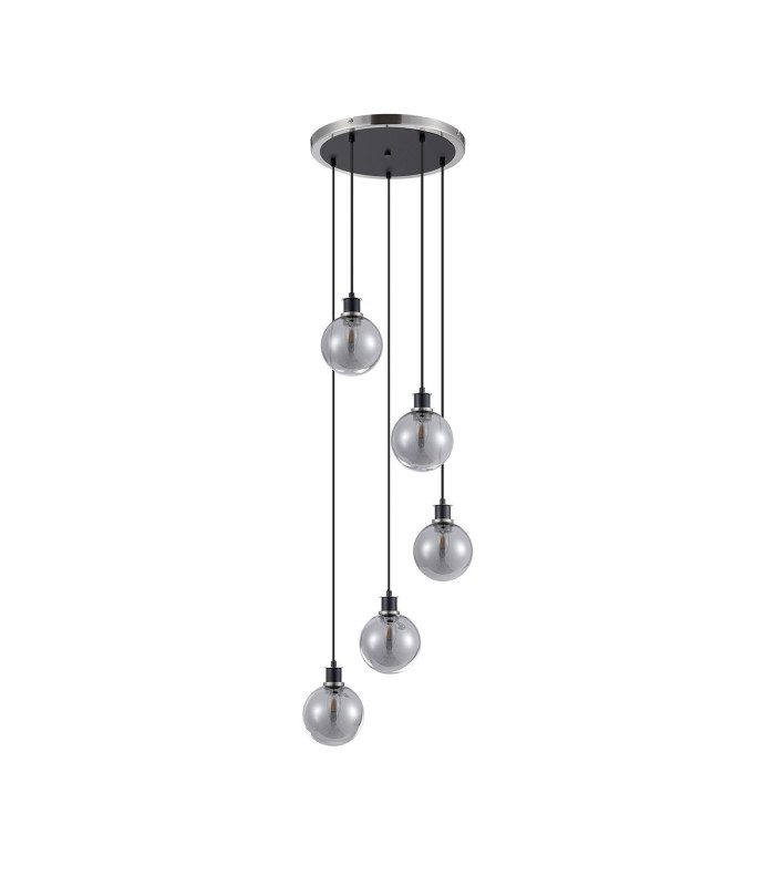 Placid 48cm Round Pendant 5 Light E14 15cm Round Glass Shade Satin Nickel Smoke Plated & Satin Black-4