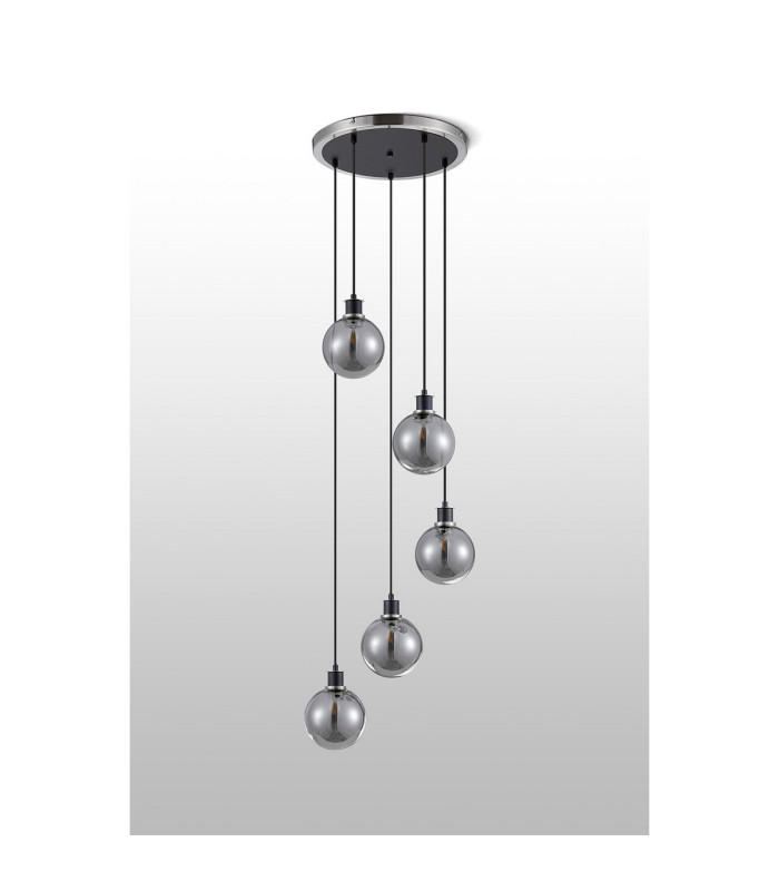 Placid 48cm Round Pendant 5 Light E14 15cm Round Glass Shade Satin Nickel Smoke Plated & Satin Black-8