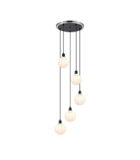 Placid 48cm Round Pendant 5 Light E14 15cm Round Speckled Glass Shade Satin Nickel White & Satin Black-1