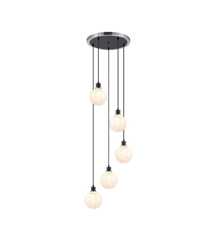 Placid 48cm Round Pendant 5 Light E14 15cm Round Speckled Glass Shade Satin Nickel White & Satin Black-1