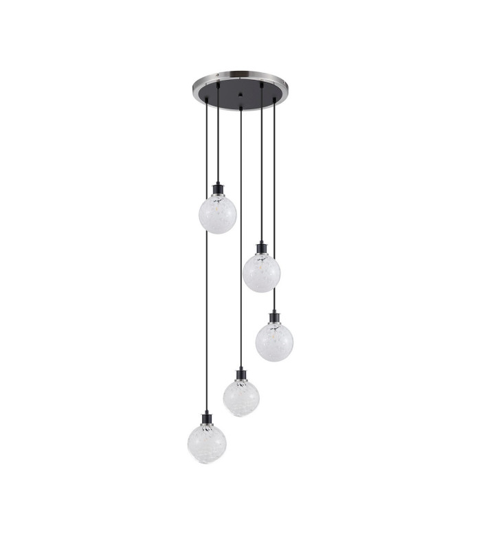 Placid 48cm Round Pendant 5 Light E14 15cm Round Speckled Glass Shade Satin Nickel White & Satin Black-3