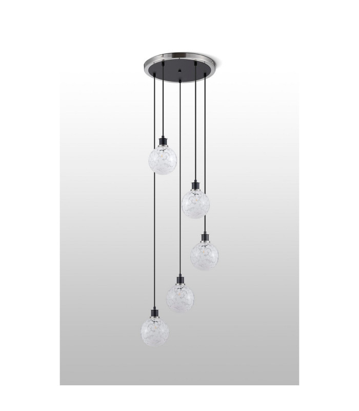 Placid 48cm Round Pendant 5 Light E14 15cm Round Speckled Glass Shade Satin Nickel White & Satin Black-7