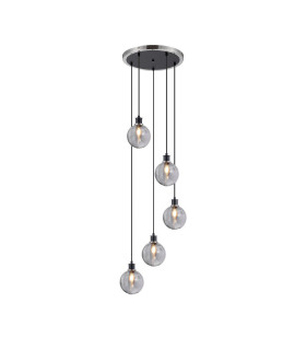 Placid 48cm Round Pendant 5x E14 15cm Round Textured Smooth / Ribbed Glass Shade Satin Nickel Smoke Plated & Satin Black-1