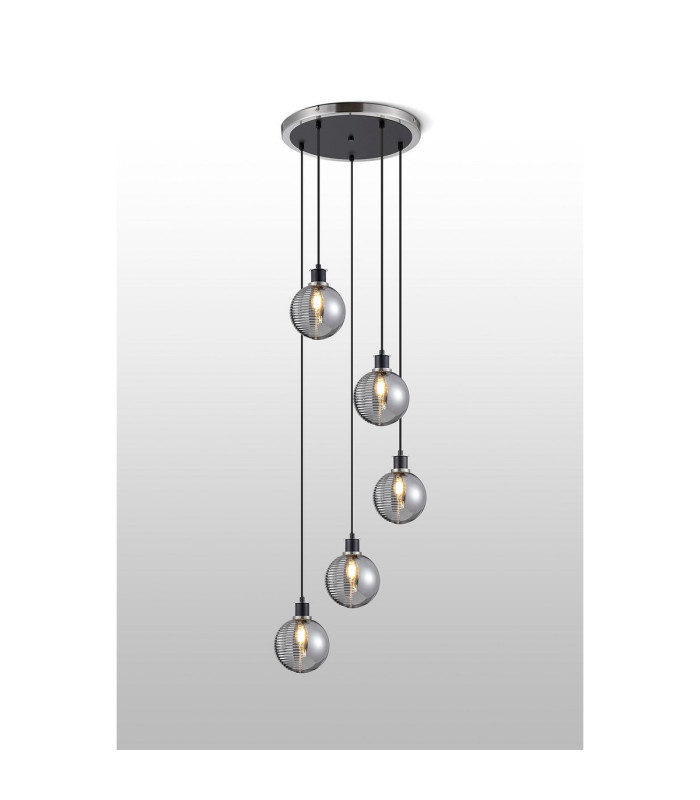 Placid 48cm Round Pendant 5x E14 15cm Round Textured Smooth / Ribbed Glass Shade Satin Nickel Smoke Plated & Satin Black-3