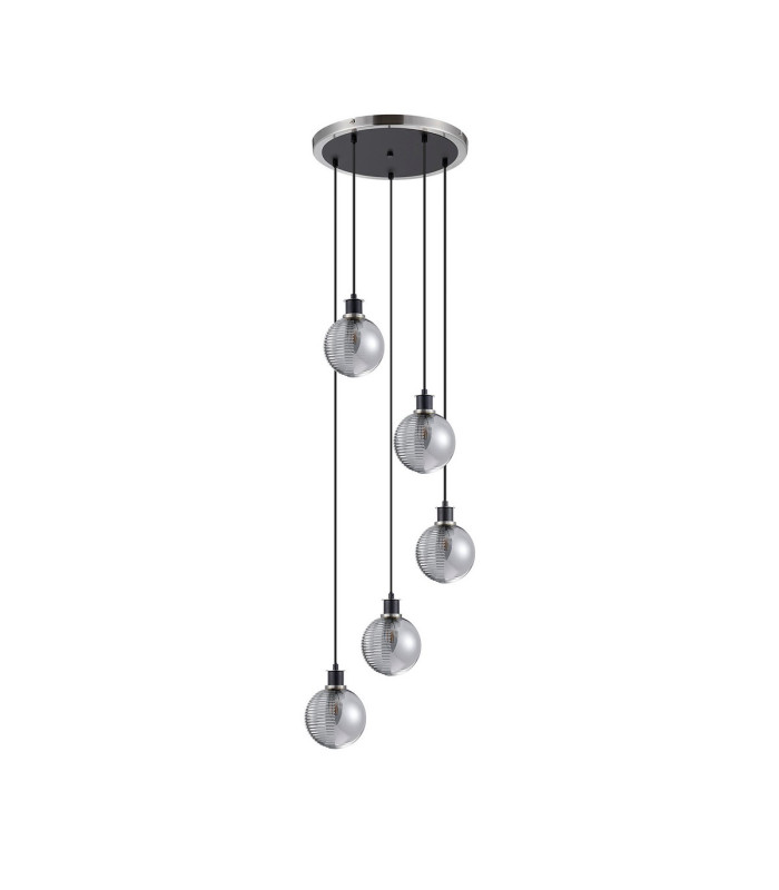 Placid 48cm Round Pendant 5x E14 15cm Round Textured Smooth / Ribbed Glass Shade Satin Nickel Smoke Plated & Satin Black-4
