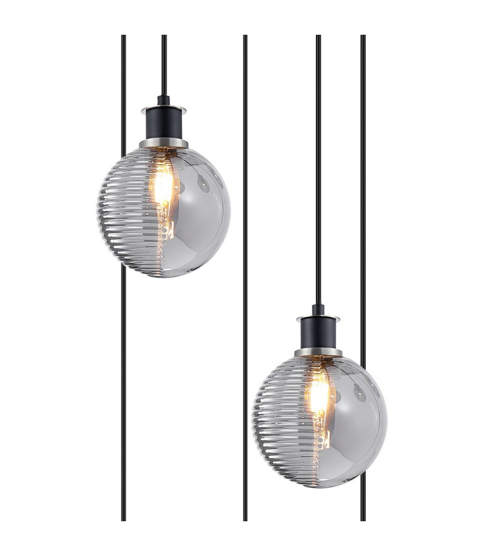 Placid 48cm Round Pendant 5x E14 15cm Round Textured Smooth / Ribbed Glass Shade Satin Nickel Smoke Plated & Satin Black-6