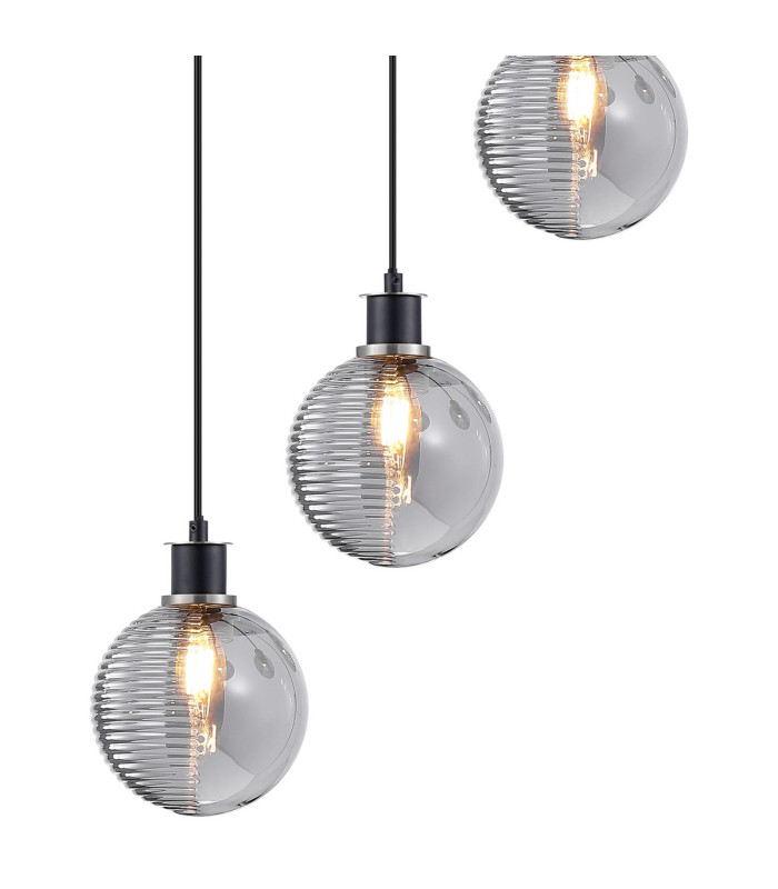Placid 48cm Round Pendant 5x E14 15cm Round Textured Smooth / Ribbed Glass Shade Satin Nickel Smoke Plated & Satin Black-7