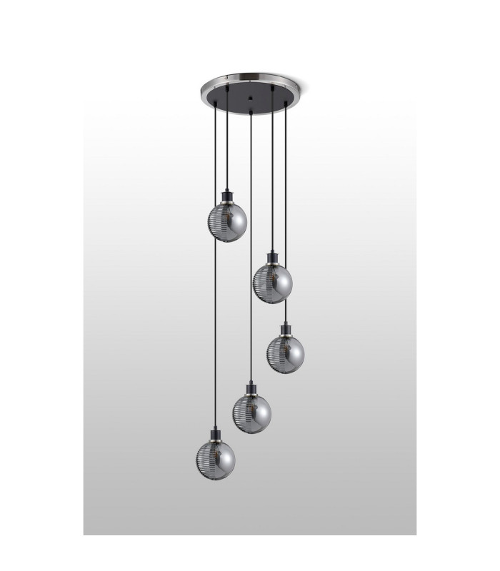 Placid 48cm Round Pendant 5x E14 15cm Round Textured Smooth / Ribbed Glass Shade Satin Nickel Smoke Plated & Satin Black-8
