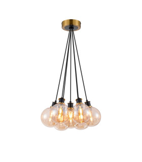 Placid 45cm Round Cluster Pendant 7 Light E14 15cm Round Glass Shade Brass Amber Plated & Satin Black-1