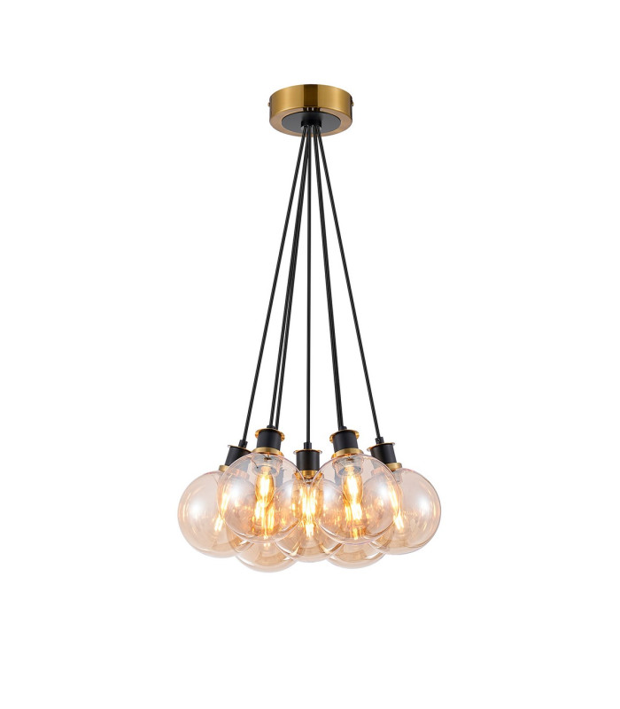 Placid 45cm Round Cluster Pendant 7 Light E14 15cm Round Glass Shade Brass Amber Plated & Satin Black-1