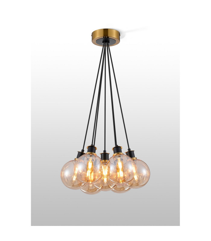 Placid 45cm Round Cluster Pendant 7 Light E14 15cm Round Glass Shade Brass Amber Plated & Satin Black-3