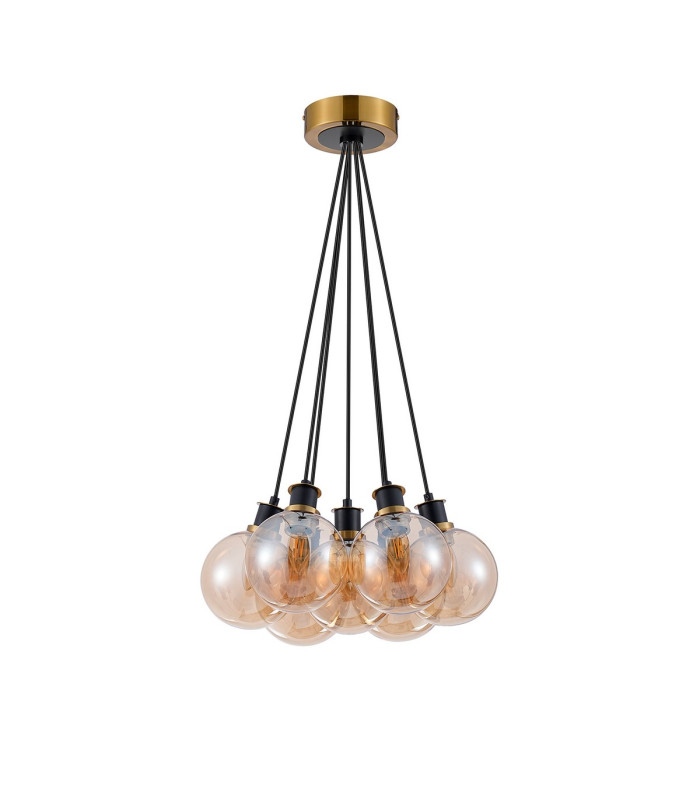 Placid 45cm Round Cluster Pendant 7 Light E14 15cm Round Glass Shade Brass Amber Plated & Satin Black-4